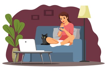 Happy girl watching tv at home with cat. Young woman at house sitting on armchair, watching television and holding pet. Rest and relax at house vector illustration. Modern interior design