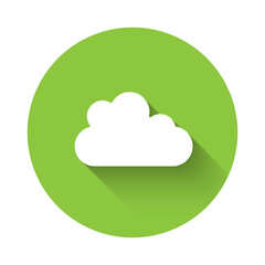 White Cloud icon isolated with long shadow. Green circle button. Vector.
