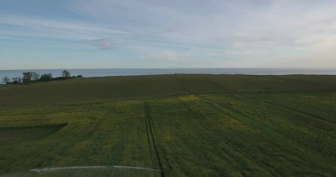 Water Sprinkler At a Rapefield Next To Ales Stenar and the Baltic Sea in South Sweden Sk&aring;ne &Ouml;sterlen K&aring;seberga, Aerial Forward Slow