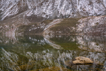 mountains lake reflection snow autumn stone