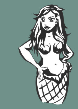 Mermaid poster design. Black white and blue. Modern artwork style. 