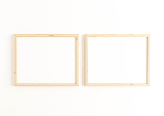 Two Horizontal 8x10 Wood Frames Mockup. Double Horizontal Wood Frame on a white wall.