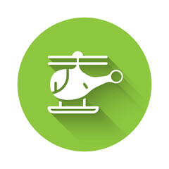 White Helicopter aircraft vehicle icon isolated with long shadow. Green circle button. Vector.