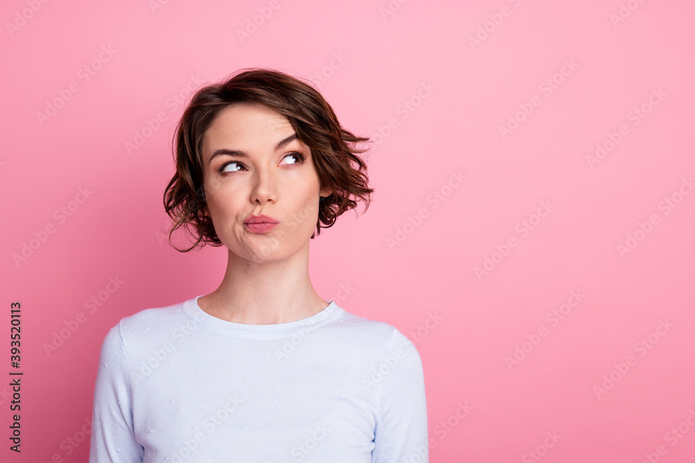 Poster portrait of minded smart girl look copyspace think wear jumper isolated over pastel color background