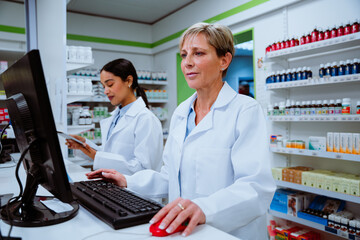 Caucasian pharmacist searching for scripts on desktop standing behind counter in pharmacy 