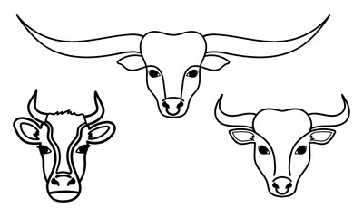 Cow and bull head outline silhouette or icon. Cattle animal faces. Vector illustration.