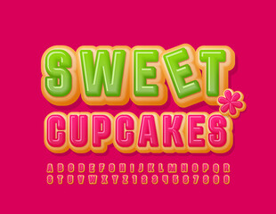 Vector emblem Sweet Cupcakes with Decorative Flower. Tasty cake Font. Donut Alphabet Letters and Numbers set