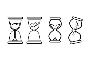 Broken hourglass icons on white background. Time illustration, modern outline illustration. Time is up.