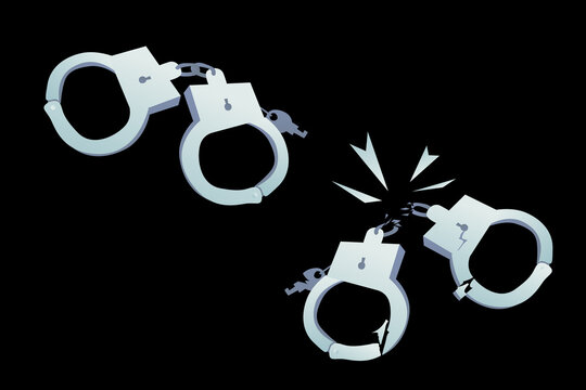 Metal Handcuffs Icon On A Black Background. Break Free From The Shackles, Severed Chains Of Handcuffs. Modern Design.