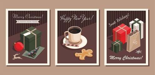 Set of three card Merry Christmas and Happy New Year.  Coffee cup, gingerbread cookie, christmas tree greeting card and gifts 