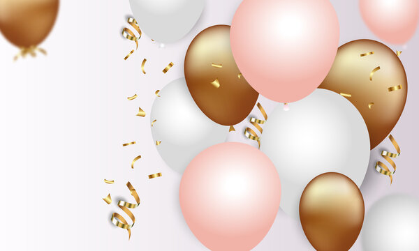 Festive banner with gold confetti and balloons on a transparent background. Universal colors