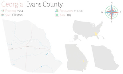 Large and detailed map of Evans county in Georgia, USA.