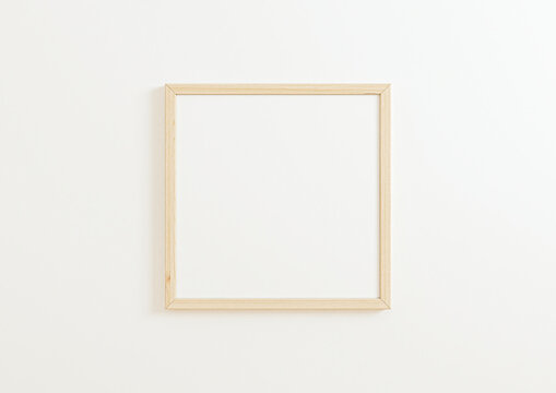 Single 8x8 Square Wooden Frame mockup on white wall. One empty poster frame mockup on white background. 3D Rendering