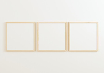 Triple 8x8 Square Wooden Frame mockup on white wall. Three empty poster frame mockup on white background. 3D Rendering