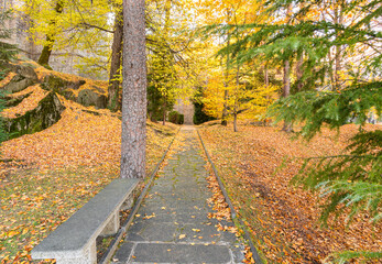 Fototapeta na wymiar Autumn scene landscape at park of Sacred Mount Calvary of Domodossola, Piedmont, Italy