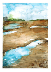 Watercolor hand drawn illustration of abstract landscape with sand and puddles art