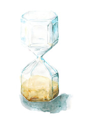 Watercolor hand drawn illustration of hourglass with shadow isolated on white