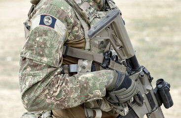 Soldier with assault rifle and flag of Belize on military uniform. Collage.