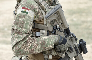 Soldier with assault rifle and flag of Kurdistan on military uniform. Collage.