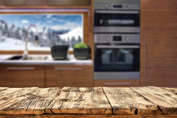 Desk of free space and kitchen interior 