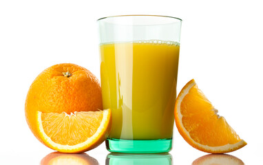 Glass of fresh orange juice with sliced oranges on white background.