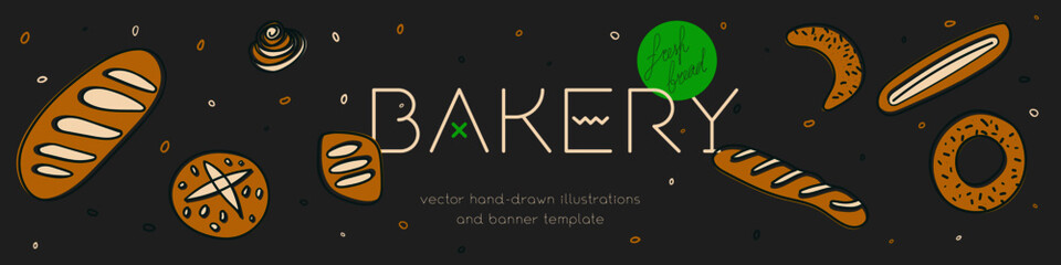 Fresh bread for Bakehouse emblem with color illustrations of breadstick, baguette, bagel for label, packaging design. Bakery banner template with vector hand-drawn icons of bread in warm ochre tints.