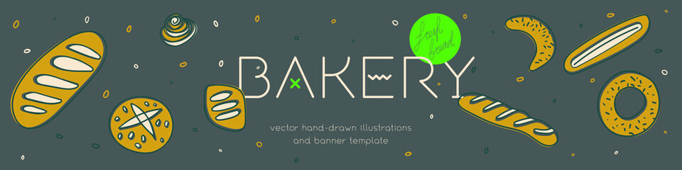 Fresh bread for Bakehouse emblem with color illustrations of breadstick, baguette, bagel for label, packaging design. Bakery banner template with vector hand-drawn icons of bread in warm ochre tints.