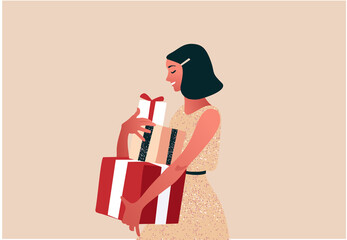 Woman holding a pile of presents in the boxes. New Year or Christmas celebration. Colorful vector illustration in modern flat style.