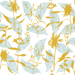 Vector floral seamless pattern. Realistic hand drawn flowers and leaves in pastel colors on white background.