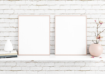 Two Vertical 8x10 Pink Frames mockup. Double Vertical Pink frames on a white shelf and white brick wall with decorations.