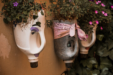 Detail of recycled plastic bottles as flower pots in Covarrubias, a village of Burgos, Spain