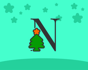letter N cute and fun christmas tree alphabet decoration cartoon