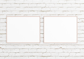 Two Horizontal 8x10 Pink Frames mockup. Double Horizontal Pink frames on a white brick wall.