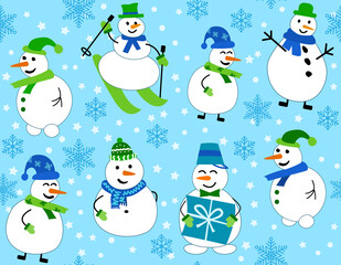 Winter pattern with snowmen and snowflakes. Snowman on skis and with gift on blue background. Vector Seamless pattern. can be used for Christmas cards or wrapping paper.