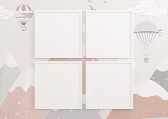 Four 8x8 Square White Frame mockup on pink wallpaper wall. Four empty poster frame mockup on pink wallpaper background. 3D Rendering