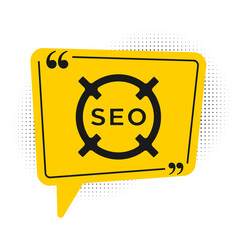 Black SEO optimization icon isolated on white background. Yellow speech bubble symbol. Vector.