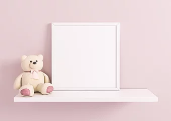 Fotobehang Single square white frame mockup for nursery or kids room on white shelf with teddy bear toy. Children room nursery mockup frame poster on clean pink wall. © AestheticMockup