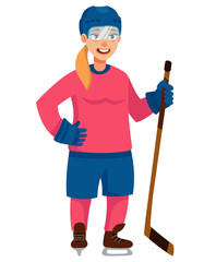 Standing hockey player. Female character in cartoon style.