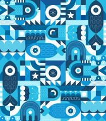 Wall murals Abstract Art Sea life vector illustration. Blue shades geometric style flat design with fish, jellyfish and abstract shapes.