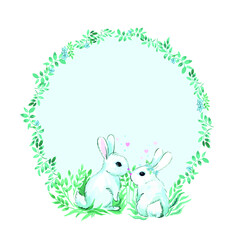 vector romantic frame with two white rabbits on light blue background