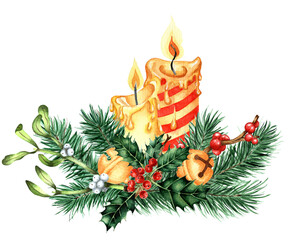 Decor for Christmas and New Years. Watercolor illustration of candles decorated with fir branches, holly, ilex, mistletoe and bells. Isolated on white background. Drawn by hand.