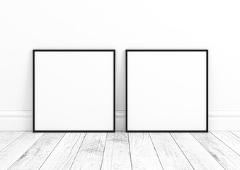 Two square black frame mockups. Double black frame posters on clean white wall and white wooden floor.