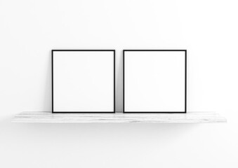Two square black frame mockups. Black frame poster on clean white wall and white wooden shelf.
