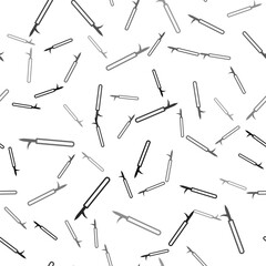 Black Metal pike pole with wooden handle icon isolated seamless pattern on white background. Spear, pickaxe, hook hand extinguishing instrument and tool for fireman. Vector.