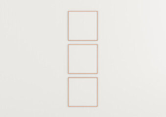 Three square rose gold frame mockups. Rose gold frame poster on clean white wall.