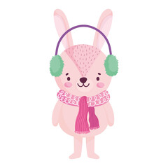 merry christmas, cute bunny with earmuffs celebration icon isolation