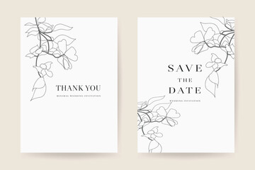 Naklejka na ściany i meble Minimal Floral wedding invitations vector template. Save the date, Thank you cards, RSVP, digital wedding anniversary cards . Electronic wedding card Vector illustration.