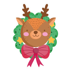 merry christmas, reindeer face in wreath decoration icon isolation