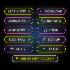 Obraz premium Neon Web design button set. Glowing neon button collection.