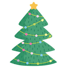 merry christmas, tree with star and lights celebration icon isolation